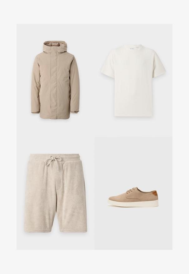 Beige puhviste jacket, millel on kõrge kaelus, pikad varrukad ja voolujoonis disain. Valmistatud siledast kangast, millel on veekindel viimistlus.; Valge lühikeste varrukatega T-särk ribakudumises. Ümar kaelus, mugav lõige, nähtavad mustrid ega aksessuaarid puuduvad. Lihtne ja mitmekesine disain.; Beez terry kangad, mille elastse vöökoha ja reguleeritava paelaga. Omab ühte esikotti ja põlvekohale ulatuvat disaini.; Beežid nahast tossud ümarate varvastega, paeltega esiosa ja tekstuuriga tagakontuuriga. Valge kummist tallapakkumine loob kontrasti. Lihtne ja kaasaegne disain.