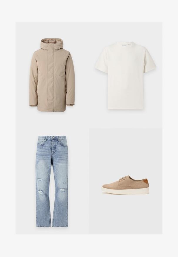 Beige színű pufferek dzseki, magas gallérral, hosszú ujjakkal és letisztult dizájnnal. Simás szövetből készült, vízlepergető felülettel.; Fehér, rövid ujjú póló bordázott textúrával. Kerek nyakkivágás, laza szabás, nincs látható minta vagy díszítés. Egyszerű és sokoldalú dizájn.; Világoskék farmernadrág egyenes szárú dizájnnal, térdnél kopott szakítással és klasszikus öt zsebes stílussal.; Beige velúr sportcipő, kerek orral, fűzős elülső résszel és textúrált hátsó részlettel. Fehér gumitalp kontrasztot ad. Egyszerű és modern design.