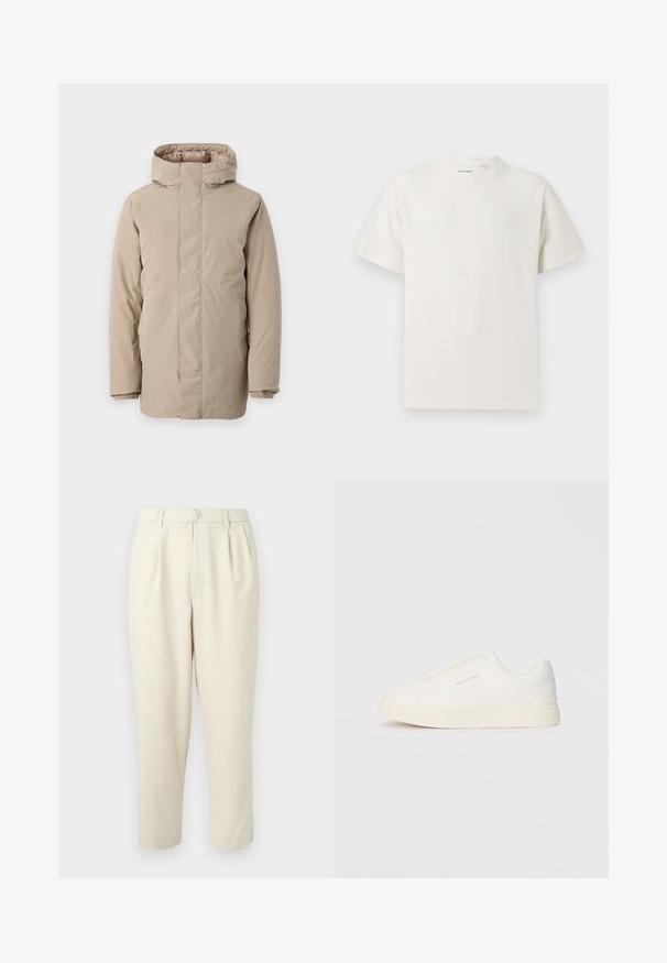 Bežs pūkains mētelis ar augstu apkakli, garām piedurknēm un plūstošu dizainu. Izgatavots no gludas auduma ar ūdensizturīgu apdari.; Balta krūštura īsām piedurknēm ar ribota auduma faktūru. Apaļš kakla izgriezums, brīvs griezums, bez redzamām rakstām vai akcentiem. Vienkāršs un daudzpusīgs dizains.; Bežīgas, piegrieztas bikses ar priekšējo pizmu un taisnu griezumu. Ar jostu, kurai ir cilpas, un ar salocītām maliņām. Gluda tekstūra.; Baltas slip-on sporta apavi ar teksturētu virsmu, biezu zoli un minimālistisku dizainu. Sānos redzams zīmola logotips.