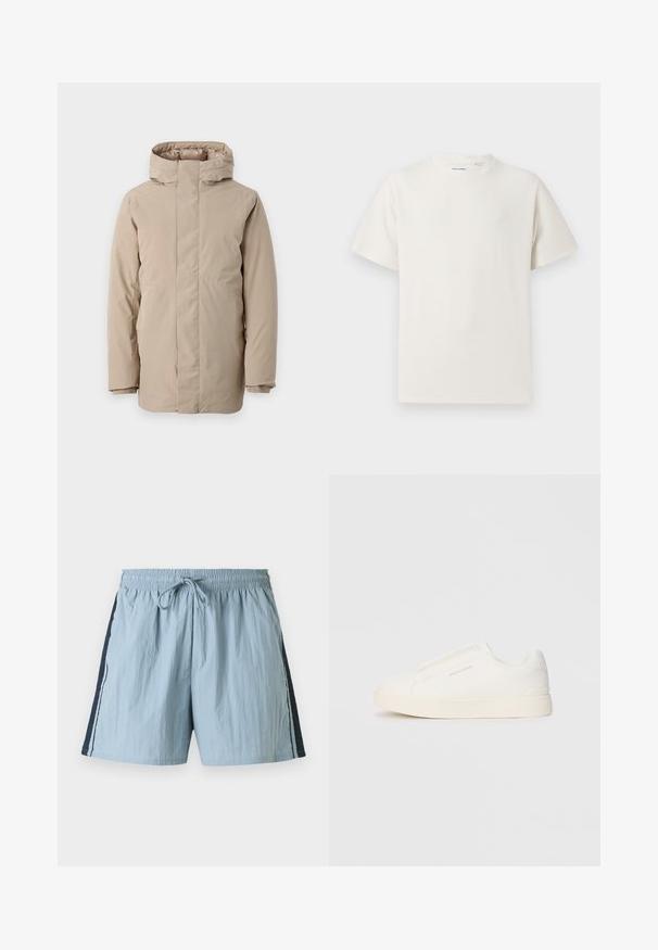 Chaqueta acolchada beige con cuello alto, mangas largas y un diseño estilizado. Fabricada en un tejido suave con un acabado resistente al agua.; Camiseta blanca de manga corta en textura acanalada. Cuello redondo, corte relajado, sin patrones ni acentos visibles. Diseño simple y versátil.; Bañadores de color azul claro con cintura elástica y cordón. Presentan paneles laterales en color marino y ribetes blancos a lo largo de los lados. Tejido ligero.; Zapatillas blancas tipo slip-on con una superficie texturizada, suela gruesa y diseño minimalista. Presenta el logo de la marca en un lado.