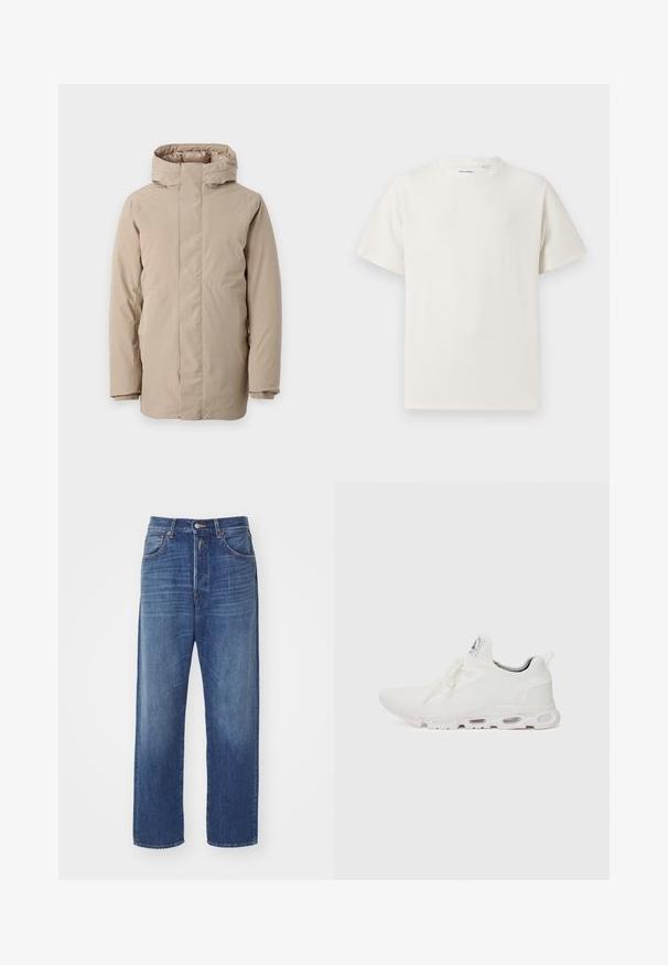 Bežinė pūkinė striukė, pasižyminti aukšta apykakle, ilgomis rankovėmis ir elegantišku dizainu. Pagaminta iš lygios medžiagos su vandens atspariu pabaiga.; Balta trumpa rankovė T-polo marškinėlių su juostelėmis tekstūra. Apvalus iškirpimas, laisvas fasonas, jokių matomų raštų ar akcentų. Paprastas ir universalus dizainas.; Tamsiai mėlynos džinsinės kelnės su tiesiu kirpimu, su priekiniais mygtukais, penkiais kišenėmis ir šviesiais išblukimo akcentais audinyje.; Baltos sportinės detalės batai su tekstūruotu megztu viršumi, plokščiais raišteliais ir paminkštintu padu, kuriame matomos oro kameros papildomam palaikymui.