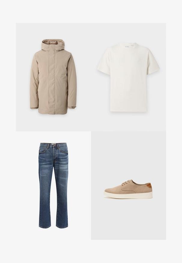 Beige puhviste jacket, millel on kõrge kaelus, pikad varrukad ja voolujoonis disain. Valmistatud siledast kangast, millel on veekindel viimistlus.; Valge lühikeste varrukatega T-särk ribakudumises. Ümar kaelus, mugav lõige, nähtavad mustrid ega aksessuaarid puuduvad. Lihtne ja mitmekesine disain.; Tumed sinised denim teksad kerge vihjega. Omavad viit taskut, nööbiklappi ja tikitud detailid äärtes.; Beežid nahast tossud ümarate varvastega, paeltega esiosa ja tekstuuriga tagakontuuriga. Valge kummist tallapakkumine loob kontrasti. Lihtne ja kaasaegne disain.