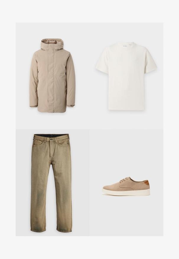 Beige pufferjakke med høy krage, lange ermer og strømlinjeformet design. Laget av glatt stoff med en vannavvisende finish.; Hvit T-skjorte med kort erm i ribbestrikket tekstur. Rund hals, avslappet passform, ingen synlige mønstre eller detaljer. Enkelt og allsidig design.; Kaki-fargede rette bukser med fem lommer, knappelukking og beltesløyfer, liggende flatt på en hvit bakgrunn.; Beige semskinnsko med rund tå, snøring foran og en teksturert bakre aksent. Hvit gummisåle gir kontrast. Enkelt og moderne design.