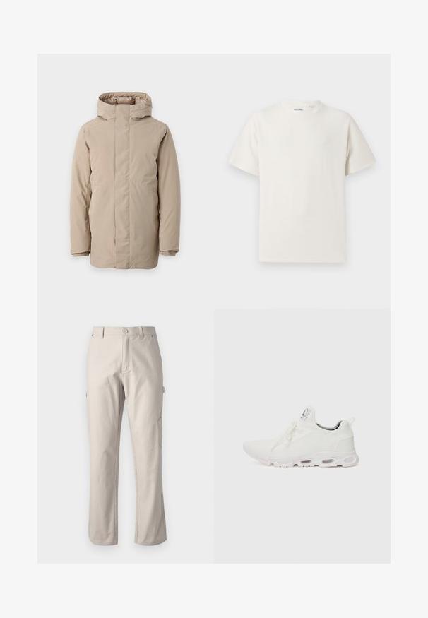 Beige pufferjakke med høy krage, lange ermer og strømlinjeformet design. Laget av glatt stoff med en vannavvisende finish.; Hvit T-skjorte med kort erm i ribbestrikket tekstur. Rund hals, avslappet passform, ingen synlige mønstre eller detaljer. Enkelt og allsidig design.; Beige cargo bukser laget av slitesterk bomull med rette ben, frontlukking med knapp og sidelommer for nytte. Jevn tekstur med subtile sømmer.; Hvite atletiske sko med et teksturert strikket overdel, flate snører og en polstret såle med synlige luftkamre for ekstra støtte.