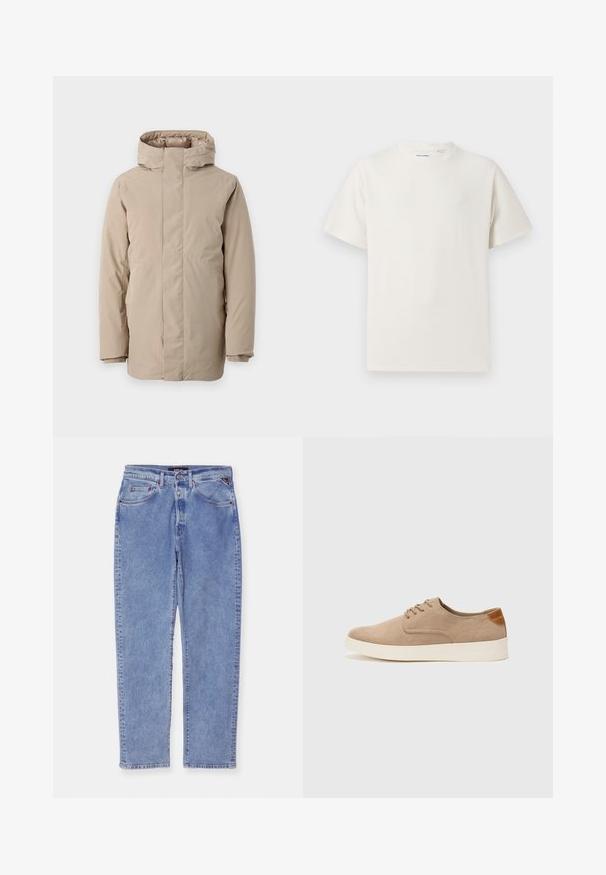 Béžová puffová bunda s vysokým golierom, dlhými rukávmi a moderným dizajnom. Vyrobená z hladkej tkaniny s vodoodolnou úpravou.; Biela krátka tričko s krátkym rukávom so žebrovanou textúrou. Okrúhly výstrih, uvoľnený strih, žiadne viditeľné vzory ani akcenty. Jednoduchý a všestranný dizajn.; Svetlomodré džíny z denimu so rovnými nohavicami, piatimi vreckami a gombíkovým zapínaním. Majú jemné vyblednutie a kontrastné švy.; Béžové semišové tenisky s okrúhlou špičkou, šnurovaním vpredu a textúrovaným zadným akcentom. Biela gumová podrážka poskytuje kontrast. Jednoduchý a moderný dizajn.
