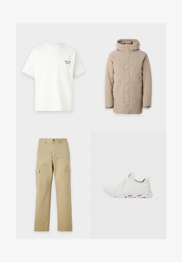 Doudoune beige avec un col montant, des manches longues et un design épuré. Fabriquée en tissu lisse avec une finition déperlant.; T-shirt en coton blanc à manches courtes, avec un col ras du cou et des détails en texte vert sur le côté gauche contenant des informations sur la marque et l'emplacement.; Pantalons cargo beiges en coton, dotés de deux poches latérales, d'une fermeture à bouton et de jambes droites avec un tissu légèrement texturé.; Baskets blanches de sport avec un dessus en maille texturée, des lacets plats et une semelle rembourrée avec des chambres à air visibles pour un soutien supplémentaire.
