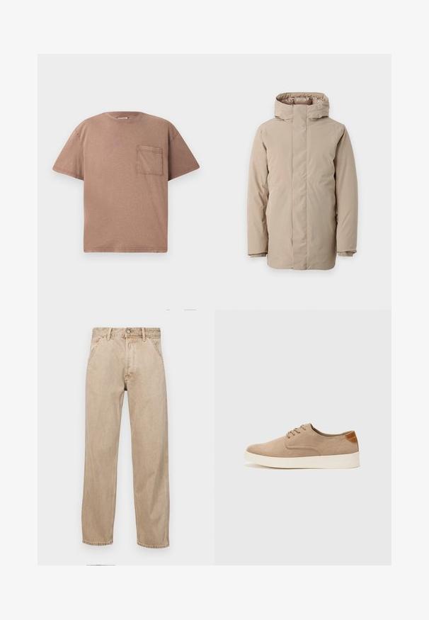 Beige puffer jacket featuring a high collar, long sleeves, and a streamlined design. Made from smooth fabric with a water-resistant finish.; Short-sleeve, crew-neck t-shirt in light brown cotton with a single chest pocket and subtle texture. Straight fit with clean edges.; Beige denim jeans with a straight leg design, featuring front pockets, a metal button closure, and subtle texture.; Beige suede sneakers with a rounded toe, lace-up front, and a textured back accent. White rubber sole provides contrast. Simple and modern design.