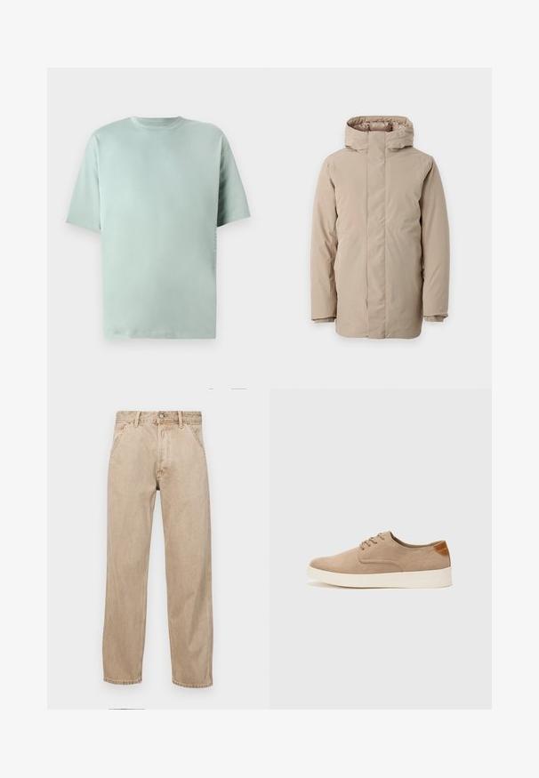 Beige puffer jacket featuring a high collar, long sleeves, and a streamlined design. Made from smooth fabric with a water-resistant finish.; Light green cotton T-shirt with a round neck, short sleeves, and a relaxed fit. Features a subtle printed detail on the side.; Beige denim jeans with a straight leg design, featuring front pockets, a metal button closure, and subtle texture.; Beige suede sneakers with a rounded toe, lace-up front, and a textured back accent. White rubber sole provides contrast. Simple and modern design.
