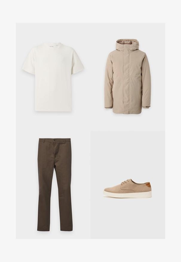 Beige pufferjakke med høy krage, lange ermer og strømlinjeformet design. Laget av glatt stoff med en vannavvisende finish.; Hvit T-skjorte med kort erm i ribbestrikket tekstur. Rund hals, avslappet passform, ingen synlige mønstre eller detaljer. Enkelt og allsidig design.; Brune bomullsbukser med rett ben-design, med knappelukking og beltehemper, glatt tekstur uten mønstre eller detaljer.; Beige semskinnsko med rund tå, snøring foran og en teksturert bakre aksent. Hvit gummisåle gir kontrast. Enkelt og moderne design.