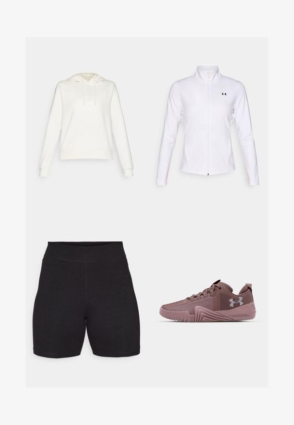 Hvit zip-up sportsjakke laget av glatt stoff, med lange ermer, stående krage, og en svart logo på venstre side.; Hvit hettegenser med snorhette, lange ermer og ribbede mansjetter. Har en jevn tekstur og en avslappet passform.; Sorte sykkelshorts med høy midje, laget av elastisk og myk stoff. Har flate sømmer og en glatt tekstur for komfort.; Mørk rosa treningssko med teksturert mesh-overdel, gummisåle og uttalt grep mønster; har logo på siden og polstret krage.