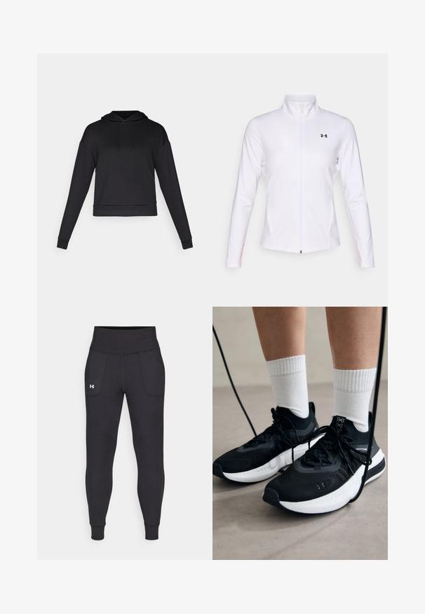 Jachetă sport albă cu fermoar, făcută dintr-un material neted, având mâneci lungi, guler ridicat și un logo negru pe partea stângă.; Hanorac negru cu glugă, fabricat dintr-un material moale. Dispune de mâneci lungi, o buzunar frontal și un tiv elastic. Fără modele vizibile sau accesorii metalice.; Leggings negre atletice realizate dintr-un material elastic, cu talie înaltă, buzunare pe lateral și manșete ajustate la gleznă.; Căști atletice negre cu țesătură texturată, talpă albă și șireturi negre. Purtați cu șosete albe cu riflaje, stând pe o suprafață deschisă.