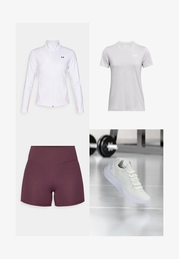 Casaco desportivo branco com fecho éclair, feito de tecido suave, com mangas longas, colarinho elevado e um logotipo preto no lado esquerdo.; T-shirt atlético de manga curta em tecido cinza claro, com um decote redondo e um pequeno logótipo branco na parte superior esquerda do peito. Textura suave.; Calções atléticos em mauve feitos de tecido elástico, com uma cintura alta e textura suave, apresentando detalhes de costura contrastantes.; Sapatilha atlética branca com um cabedal em malha texturizada e sistema de atacadores, apresentando uma sola branca acolchoada e sutis acentos ribateados.