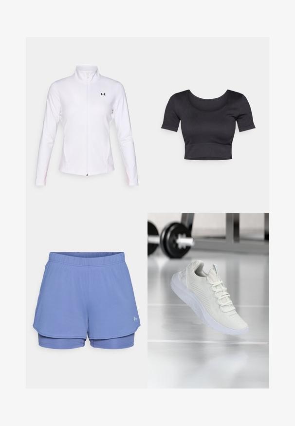 Witte sportjack met rits, gemaakt van gladde stof, met lange mouwen, een opstaand kraag en een zwart logo aan de linkerzijde.; Zwarte geribde cropped top met korte mouwen, brede ronde halslijn en een aansluitende band aan de onderkant. Zachte textuur, casual ontwerp.; Lichtblauwe sportshorts van textuurstof, met een elastische tailleband, een binnenvoering en een subtiel logo aan de zijkant.; Witte sport sneaker met een gestructureerde mesh bovenkant en vetersysteem, voorzien van een gewatteerde witte zool en subtiele ribbelaccenten.