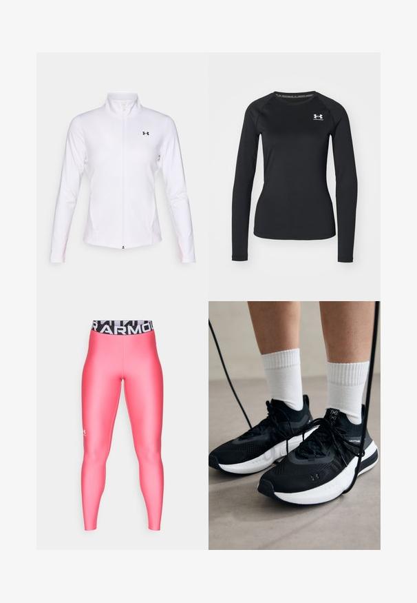 Fehér zipzáros sportdzseki sima anyagból, hosszú ujjal, álló gallérral és fekete logóval a bal oldalon.; Fekete, hosszú ujjú sportpóló sima anyagból, kerek nyakkivágással és egy kis fehér logóval a bal mellrészen.; Under Armour HEATGEAR - Leggingek - super pink/white; Fekete sportcipők textúrált anyagból, fehér talppal és fekete fűzőkkel. Fehér bordázott zoknikkal viselve, világos felületen állva.