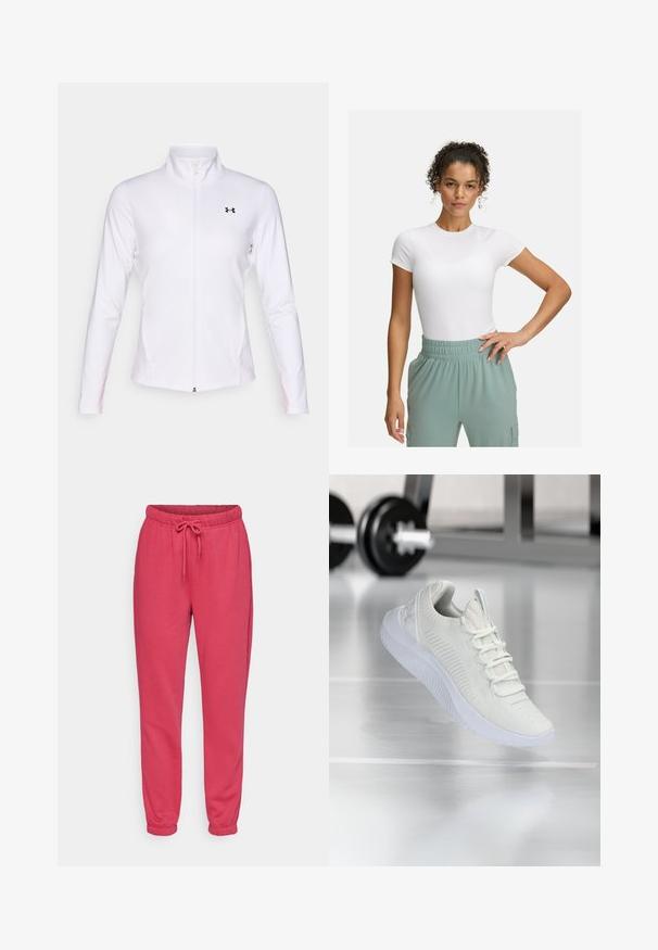 Bela športna jakna na zadrgo iz gladkega blaga, z dolgimi rokavi, stoječim ovratnikom in črnim logotipom na levi strani.; Bela prilegajoča majica s kratkimi rokavi, kombinirana z lahkimi hlačami z elastičnim pasom v svetlo zeleni barvi. Gladka tekstura, minimalistična zasnova in brez vidnih vzorcev.; ONLY Play ONPCOMFORT BRUSH - Spodnji deli trenirk - granita; Bela športna teniska z mrežastim zgornjim delom z teksturo in sistemom vezalk, ki ima oblazinjen beli podplat in subtilne rebraste detajle.