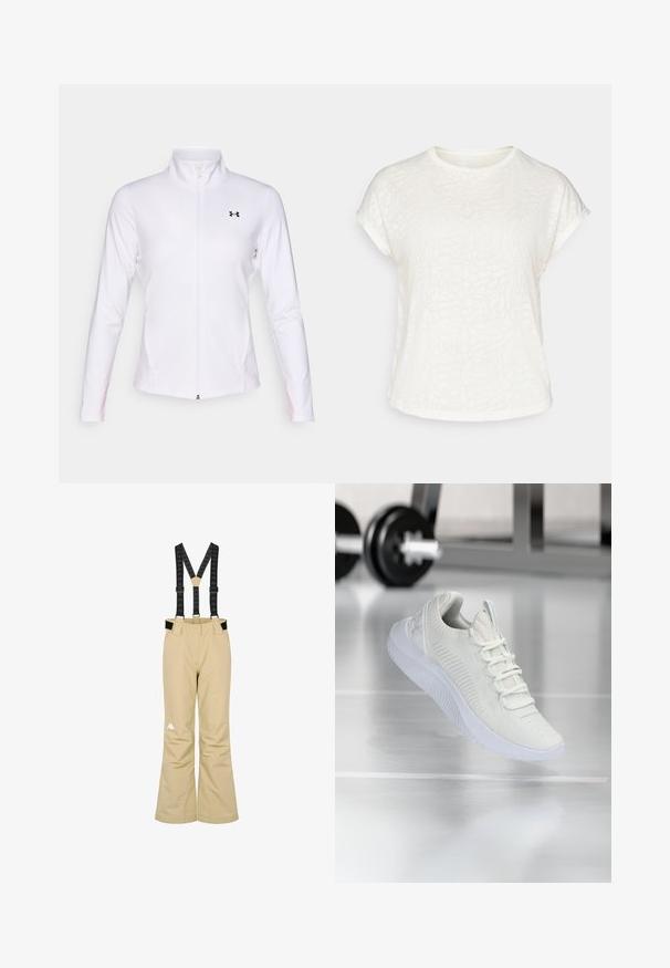 Bela športna jakna na zadrgo iz gladkega blaga, z dolgimi rokavi, stoječim ovratnikom in črnim logotipom na levi strani.; Bela kratka majica s kratkimi rokavi z teksturiranim cvetličnim vzorcem, okroglim ovratnikom in sproščenim krojem. Narejena iz mehke, lahke tkanine.; Bež hlače za smučanje z črnimi nastavljivimi naramnicami in belim logotipom na spodnjem levem delu noge, zasnovane za zimske športe.; Bela športna teniska z mrežastim zgornjim delom z teksturo in sistemom vezalk, ki ima oblazinjen beli podplat in subtilne rebraste detajle.