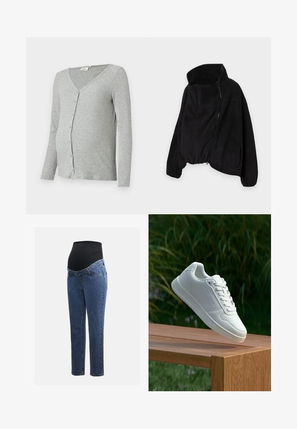 Schwarze Fleecejacke mit hohem Kragen, Reißverschluss vorne und elastischem Saum. Verfügt über eine Brusttasche und Seitentaschen. Weicher, strukturierter Stoff.; Grauer gerippter Umstandsstrickcardigan mit langen Ärmeln, V-Ausschnitt und Knopfverschluss an der Vorderseite. Weicher Stoff mit taillierter Passform.; Drei Still-Tanktops in Weiß, Grau und Schwarz. Dehnbare Stoffe mit verstellbaren Spaghettiträgern und gerafften Seitennähten für zusätzlichen Komfort.; Schwangerschaftsjeans mit blauen Denimbeinen und einem schwarzen elastischen Bauchpanel, das dazu entworfen wurde, den wachsenden Bauch zu stützen und zu bedecken.; Weiße Sneaker mit einem glatten, synthetischen Obermaterial, perforierter Zehenbox, flachen Schnürsenkeln und einer strukturierten Sohle, präsentiert auf einer Holzoberfläche.