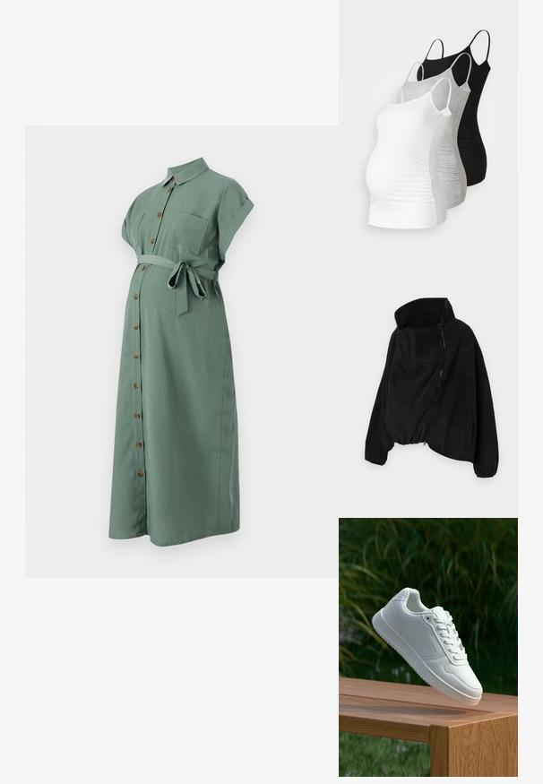Giacca in pile nera con colletto alto, chiusura frontale con zip e orlo elastico. Dotata di una tasca sul petto e tasche laterali. Tessuto morbido e testurizzato.; Abito verde, lunghezza al ginocchio, con maniche corte arrotolate, chiusura frontale con bottoni e cintura in vita. Presenta una tasca sul petto e bottoni simili al legno.; Tre top premaman a canotta in bianco, grigio e nero. Tessuto elasticizzato con spalline regolabili e cuciture laterali arricciate per il massimo comfort.; Sneaker bianco con tomaia in sintetico liscio, punta perforata, lacci piatti e suola testurizzata, esposto su una superficie di legno.
