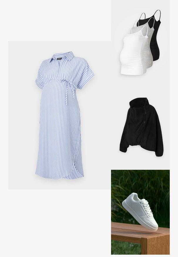 Czarna polarowa kurtka z wysokim kołnierzem, zamkiem błyskawicznym z przodu i elastycznym dołem. Posiada kieszeń na piersi oraz kieszenie boczne. Miękki, teksturowany materiał.; Niebieska i biała sukienka ciążowa w paski, krótki rękaw, kołnierzyk, posiada wiązanie w talii, wykonana z miękkiego materiału w luźnym kroju.; Trzy topy ciążowe na ramiączkach w kolorze białym, szarym i czarnym. Elastyczny materiał z regulowanymi ramiączkami i zaszewkami po bokach dla wygody.; Biały sneaker z gładką syntetyczną cholewą, perforowanym noskiem, płaskimi sznurowadłami i teksturowaną podeszwą, wyeksponowany na drewnianej powierzchni.