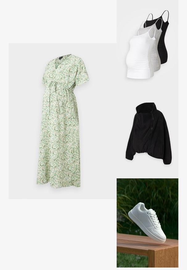 Fekete fleece dzseki magas gallérral, cipzáros elejével és rugalmas aljával. Tartalmaz egy melltáskát és oldalsó zsebeket. Puha, texturált anyag.; Virágmintás kismama ruha rövid ujjakkal, V-nyakkivágással, megkötős derékkal és hosszú, lebegő szoknyával, zöld és fehér mintázatban.; Három kismama tank top fehér, szürke és fekete színben. Rugalmas anyag, állítható pántokkal és beszegett oldals seams, hogy kényelmes viseletet biztosítson.; Fehér sportcipő sima szintetikus felsőrésszel, perforált lábujjrész, lapos fűzőkkel és texturált talppal, fából készült felületen kihelyezve.