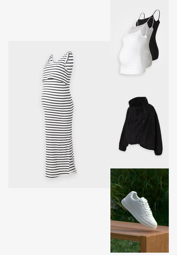 Fekete fleece dzseki magas gallérral, cipzáros elejével és rugalmas aljával. Tartalmaz egy melltáskát és oldalsó zsebeket. Puha, texturált anyag.; Fekete-fehér csíkos kismama ruha, ujjatlan fazonban, testhezálló sziluettel és oldalsó hasítékkal, bordázott anyagból készült.; Három kismama tank top fehér, szürke és fekete színben. Rugalmas anyag, állítható pántokkal és beszegett oldals seams, hogy kényelmes viseletet biztosítson.; Fehér sportcipő sima szintetikus felsőrésszel, perforált lábujjrész, lapos fűzőkkel és texturált talppal, fából készült felületen kihelyezve.
