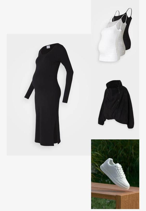 Svart fleecejakke med høy krage, glidelås foran og elastisk nederkant. Har brystlomme og sidelommer. Myk, strukturert stoff.; Svart langermet gravidkjole, tettsittende passform, rund halsutskjæring, sidesplitter for bevegelighet, laget av myk, elastisk stoff.; Tre ammetoppe til gravide i hvit, grå og svart. Elastisk stoff med justerbare spaghetti-stropper og samlede sidesømmer for komfort.; Hvite sneakers med en glatt syntetisk overdel, perforert tåboks, flate snørebånd og en teksturert såle, vist på en treflate.