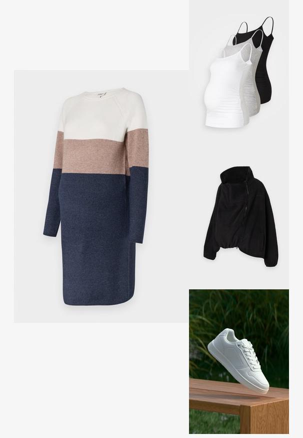 Jachetă neagră din fleece cu guler înalt, fermoar frontal și margine elastică. Prezintă un buzunar pe piept și buzunare laterale. Material moale, texturat.; Rochie tricotată cu mâneci lungi, având un design în blocuri de culoare în nuanțe de crem, taupe și bleumarin. Textură moale și gât rotund.; Trei topuri de maternitate fără mâneci, în alb, gri și negru. Material elastic cu bretele subtiri ajustabile și cusături laterale pliate pentru confort.; Sneaker alb cu un upper sintetic neted, cu vârf perforat, șireturi plate și o talpă texturată, expus pe o suprafață de lemn.