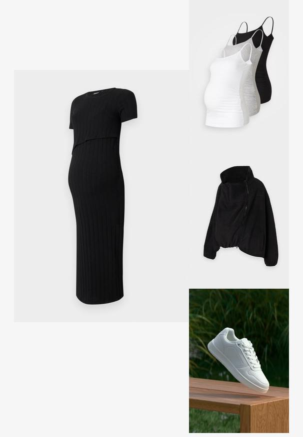 Svart fleecejakke med høy krage, glidelås foran og elastisk nederkant. Har brystlomme og sidelommer. Myk, strukturert stoff.; Svart gravidkjole laget av ribbet stoff. Har en tettsittende design med korte ermer og krummet søm, egnet for en voksende mage.; Tre ammetoppe til gravide i hvit, grå og svart. Elastisk stoff med justerbare spaghetti-stropper og samlede sidesømmer for komfort.; Hvite sneakers med en glatt syntetisk overdel, perforert tåboks, flate snørebånd og en teksturert såle, vist på en treflate.