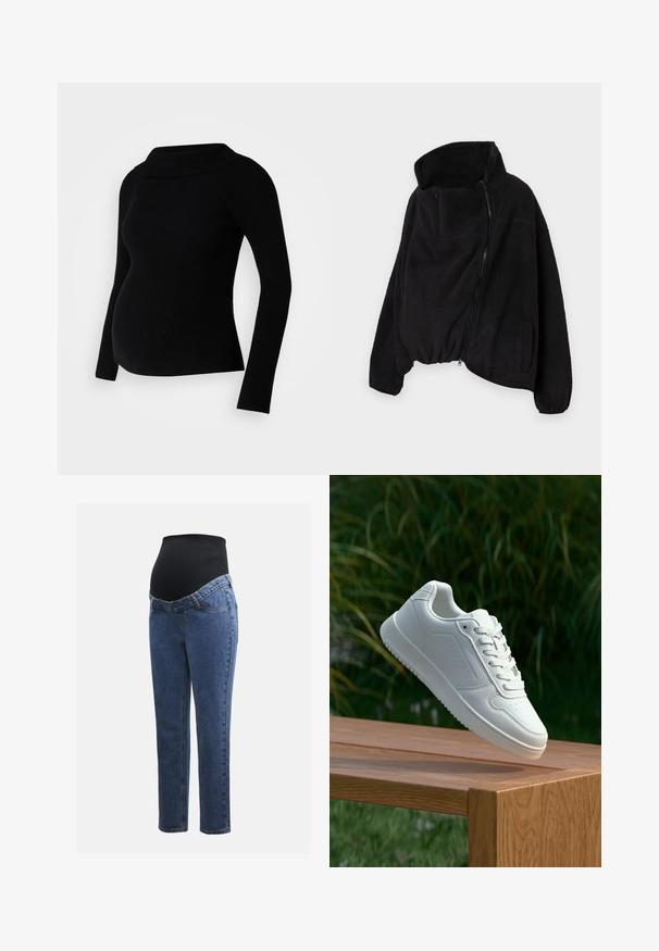 Giacca in pile nera con colletto alto, chiusura frontale con zip e orlo elastico. Dotata di una tasca sul petto e tasche laterali. Tessuto morbido e testurizzato.; Maglione premaman nero a coste con maniche lunghe, colletto ampio piegato e silhouette aderente, progettato per comfort e stile durante la gravidanza.; Jeans premaman con gambe in denim blu e un pannello addominale elastico nero progettato per sostenere e coprire una pancia in crescita.; Sneaker bianco con tomaia in sintetico liscio, punta perforata, lacci piatti e suola testurizzata, esposto su una superficie di legno.
