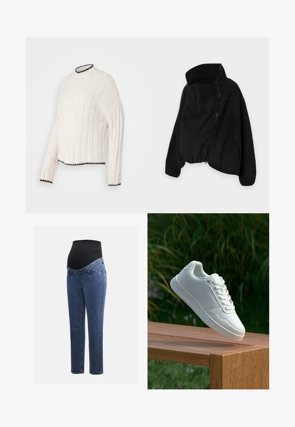 Juodas vilnonis džemperis su aukšta apykakle, užtrauktuku priekyje ir elastingu gale. Yra krūtinės kišenė ir šoninės kišenės. Minkšta, tekstūruota medžiaga.; Pilkos spalvos ribota megztinis su aukštu kaklu, dekoruotas juodais kraštų akcentais ant apykaklės ir hem, pagamintas iš tekstūruoto audinio.; Nėštumo džinsai su mėlynos džinsinės medžiagos kojomis ir juodu elastingu pilvo skydeliu, skirtu palaikyti ir uždengti augantį pilvuką.; Balti sneakeriai su lygia sintetine viršutine dalimi, perforuota pirštų zona, plokščiomis raištelėmis ir tekstūruotu padu, padėti ant medinės paviršiaus.