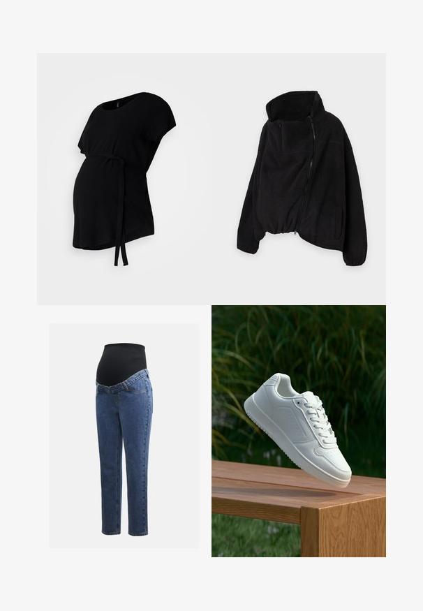 Juodas vilnonis džemperis su aukšta apykakle, užtrauktuku priekyje ir elastingu gale. Yra krūtinės kišenė ir šoninės kišenės. Minkšta, tekstūruota medžiaga.; Juoda nėštumo tunika su trumpomis rankovėmis, apvalia iškirpte ir dirželiu juosmenyje, leidžiančiu reguliuoti dydį. Lygi medžiagos tekstūra.; Nėštumo džinsai su mėlynos džinsinės medžiagos kojomis ir juodu elastingu pilvo skydeliu, skirtu palaikyti ir uždengti augantį pilvuką.; Balti sneakeriai su lygia sintetine viršutine dalimi, perforuota pirštų zona, plokščiomis raištelėmis ir tekstūruotu padu, padėti ant medinės paviršiaus.