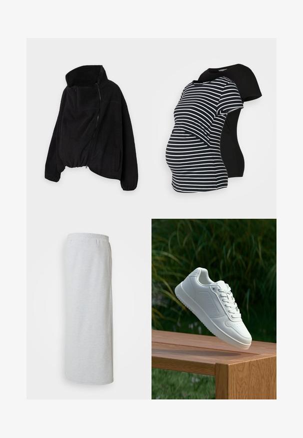 Zwarte fleecejas met een hoge kraag, ritssluiting aan de voorkant en elastische zoom. Beschikt over een borstzak en zijzakken. Zacht, gestructureerd materiaal.; Twee zwangerschapst-shirts: één zwart, de ander zwart met witte strepen. Beide hebben korte mouwen en een gebogen zoom, ontworpen voor comfort tijdens de zwangerschap.; Lichtgrijze sweatrok van een zachte katoenmix, met een elastische tailleband, zijzakken en een lange, rechte silhoeet.; Witte sneaker met een gladde synthetische bovenkant, geperforeerde neus, platte veters en een gestructureerde zool, tentoongesteld op een houten oppervlak.