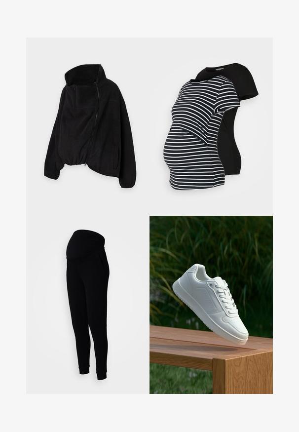 Svart fleecejakke med høy krage, glidelås foran og elastisk nederkant. Har brystlomme og sidelommer. Myk, strukturert stoff.; To graviditets t-skjorter: en svart, en svart og hvit stripet. Begge har korte ermer og en buet hem, designet for komfort under svangerskapet.; Sorte joggebukser for gravide med en stretchy, rynket midjebånd, sidelommer og mansjetterte ankler, laget av myk, fleksibel stoff.; Hvite sneakers med en glatt syntetisk overdel, perforert tåboks, flate snørebånd og en teksturert såle, vist på en treflate.