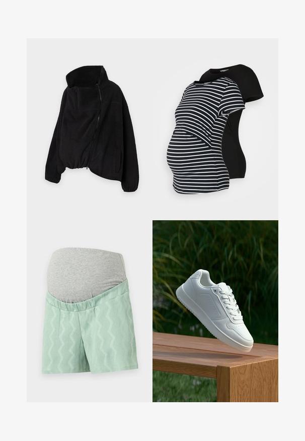 Black fleece jacket with a high collar, zippered front, and elastic hem. Features a chest pocket and side pockets. Soft, textured fabric.; Two maternity t-shirts: one black, one black and white striped. Both have short sleeves and a curved hem, designed for comfort during pregnancy.; Mint green shorts with a textured zigzag pattern, featuring a gray, stretchy waistband for comfort. It has a relaxed fit and smooth fabric.; White sneaker with a smooth synthetic upper, perforated toe box, flat laces, and a textured sole, displayed on a wooden surface.
