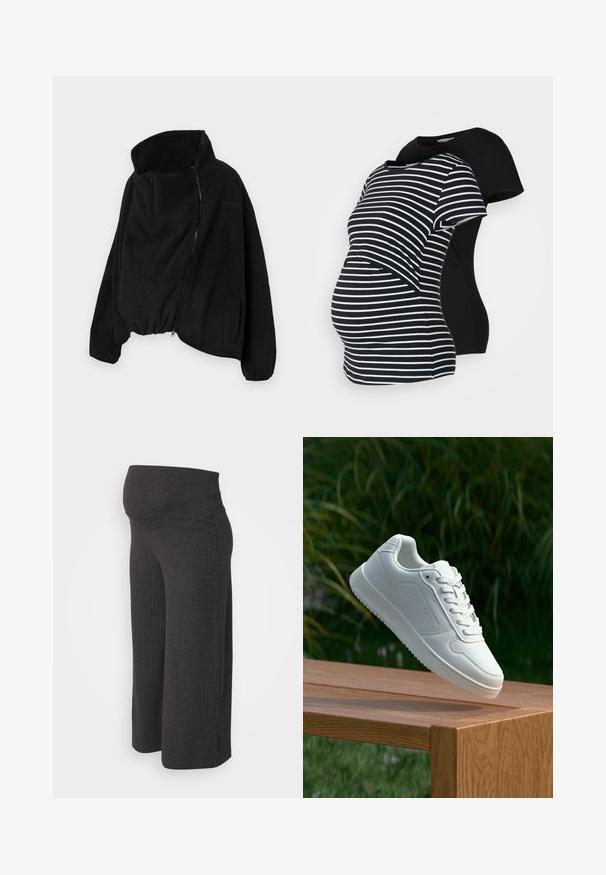 Juodas vilnonis džemperis su aukšta apykakle, užtrauktuku priekyje ir elastingu gale. Yra krūtinės kišenė ir šoninės kišenės. Minkšta, tekstūruota medžiaga.; Du ženų nėštumo marškiniai: vieni juodi, kiti juodi su baltais dryžiais. Abu turi trumpas rankoves ir išlenktą hemą, sukurtus komfortui nėštumo metu.; Tamsiai pilki nėščiųjų plataus kirpimo kelnių, pagamintų iš raštuoto trikotažo, dizainas su palaikančia juosta ir laisvu siluetu, užtikrinančiu komfortą.; Balti sneakeriai su lygia sintetine viršutine dalimi, perforuota pirštų zona, plokščiomis raištelėmis ir tekstūruotu padu, padėti ant medinės paviršiaus.