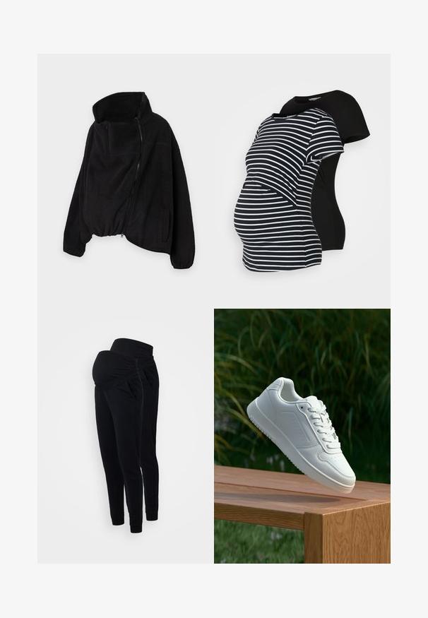 Svart fleecejakke med høy krage, glidelås foran og elastisk nederkant. Har brystlomme og sidelommer. Myk, strukturert stoff.; To graviditets t-skjorter: en svart, en svart og hvit stripet. Begge har korte ermer og en buet hem, designet for komfort under svangerskapet.; Svart gravide joggebukser med brettbar midje, sidelommer og design med innsvingte ben. Laget av mykt, elastisk stoff for komfort.; Hvite sneakers med en glatt syntetisk overdel, perforert tåboks, flate snørebånd og en teksturert såle, vist på en treflate.