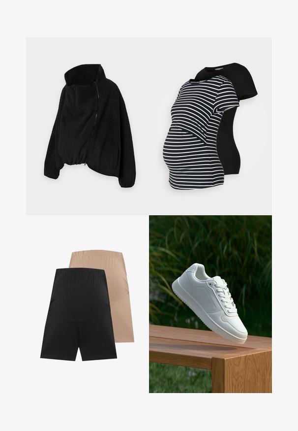 Juodas vilnonis džemperis su aukšta apykakle, užtrauktuku priekyje ir elastingu gale. Yra krūtinės kišenė ir šoninės kišenės. Minkšta, tekstūruota medžiaga.; Du ženų nėštumo marškiniai: vieni juodi, kiti juodi su baltais dryžiais. Abu turi trumpas rankoves ir išlenktą hemą, sukurtus komfortui nėštumo metu.; Dviejų porų tamprių šortų: vieni juodi, kiti kūno spalvos. Abu turi plačią elastingą juostą ir glotnų, švelnų tekstūrą.; Balti sneakeriai su lygia sintetine viršutine dalimi, perforuota pirštų zona, plokščiomis raištelėmis ir tekstūruotu padu, padėti ant medinės paviršiaus.