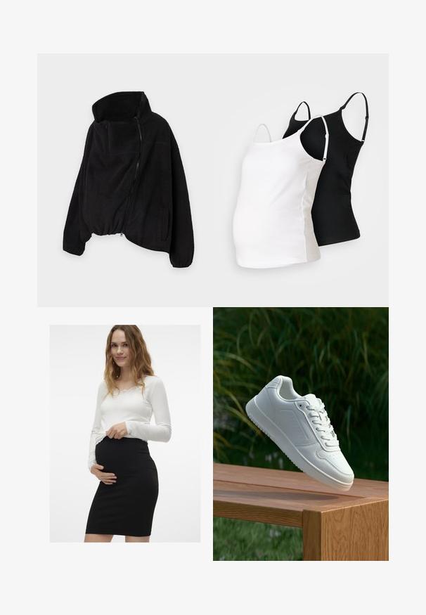 Fekete fleece dzseki magas gallérral, cipzáros elejével és rugalmas aljával. Tartalmaz egy melltáskát és oldalsó zsebeket. Puha, texturált anyag.; Két fekete és fehér terhességi top, puha anyagból, állítható pántokkal és testhez simuló fazonnal, hogy igazodjon a növekvő pocakhoz.; Fehér, hosszú ujjú, csipkés felső, amely egy fekete, testhez simuló kismama szoknyával van párosítva, kiemelve a sima textúrájú kerek pocakot.; Fehér sportcipő sima szintetikus felsőrésszel, perforált lábujjrész, lapos fűzőkkel és texturált talppal, fából készült felületen kihelyezve.