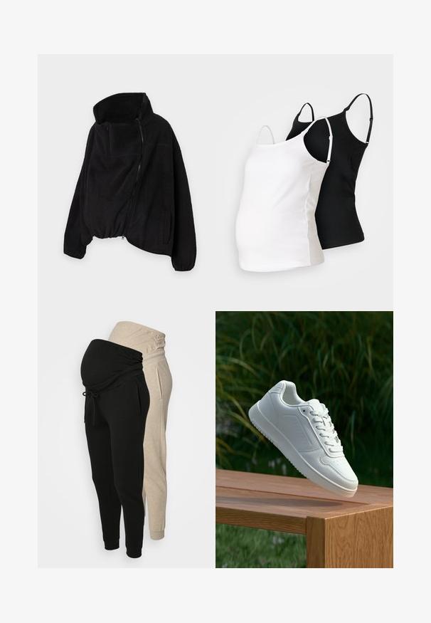 Svart fleecejakke med høy krage, glidelås foran og elastisk nederkant. Har brystlomme og sidelommer. Myk, strukturert stoff.; To graviditetstopp i svart og hvit, laget av myk fabric, med justerbare stropper og en tettsittende design for å imøtekomme en voksende mage.; Graviditetsbukser i sort og lys beige. Blødt stof, elastisk talje, snøre, tapered ben og sidelommer.; Hvite sneakers med en glatt syntetisk overdel, perforert tåboks, flate snørebånd og en teksturert såle, vist på en treflate.