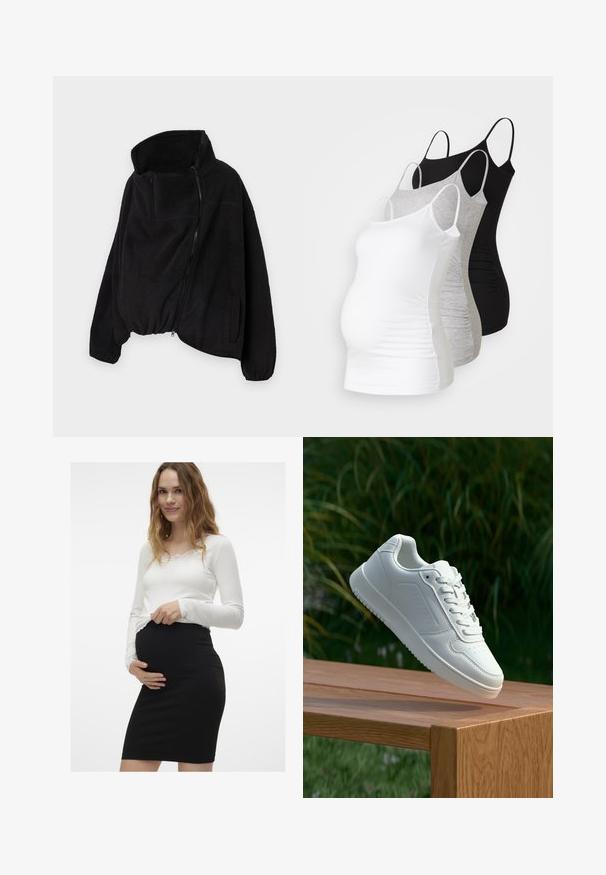 Juodas vilnonis džemperis su aukšta apykakle, užtrauktuku priekyje ir elastingu gale. Yra krūtinės kišenė ir šoninės kišenės. Minkšta, tekstūruota medžiaga.; Trys nėštumo marškiniai be rankovių – balti, pilki ir juodi. Tampri medžiaga su reguliuojamomis petnešėlėmis ir susiraukšlėjusiomis šoninėmis siūlėmis, užtikrinančiomis komfortą.; Balta ilgomis rankovėmis palaidinė su nėrinių apdaila, derinama su prigludusia juoda nėščiųjų sijonu, akcentuojančiu apvalią pilvą su lygiu paviršiumi.; Balti sneakeriai su lygia sintetine viršutine dalimi, perforuota pirštų zona, plokščiomis raištelėmis ir tekstūruotu padu, padėti ant medinės paviršiaus.