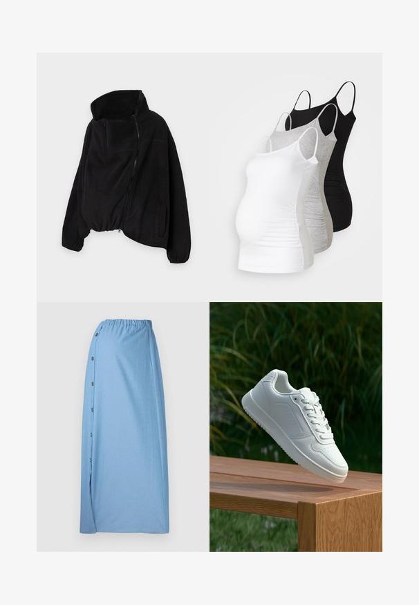 Juodas vilnonis džemperis su aukšta apykakle, užtrauktuku priekyje ir elastingu gale. Yra krūtinės kišenė ir šoninės kišenės. Minkšta, tekstūruota medžiaga.; Trys nėštumo marškiniai be rankovių – balti, pilki ir juodi. Tampri medžiaga su reguliuojamomis petnešėlėmis ir susiraukšlėjusiomis šoninėmis siūlėmis, užtikrinančiomis komfortą.; Šviesiai mėlyna sijonas, pagamintas iš minkštos medžiagos, su raukšlėta juosmens juosta, šoninėmis sagomis ir kairėje pusėje esančia plyšime, suteikiančiu unikalumo.; Balti sneakeriai su lygia sintetine viršutine dalimi, perforuota pirštų zona, plokščiomis raištelėmis ir tekstūruotu padu, padėti ant medinės paviršiaus.