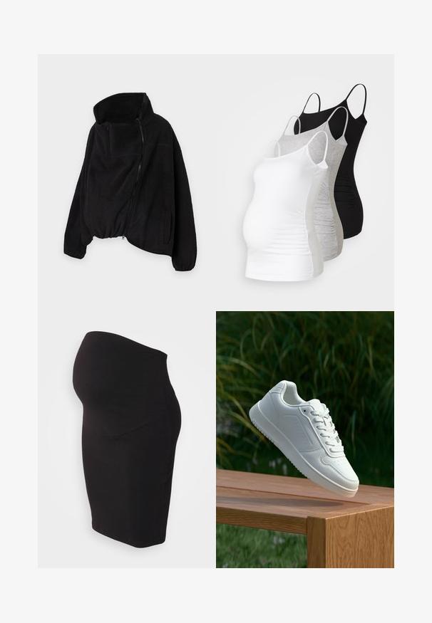 Jachetă neagră din fleece cu guler înalt, fermoar frontal și margine elastică. Prezintă un buzunar pe piept și buzunare laterale. Material moale, texturat.; Trei topuri de maternitate fără mâneci, în alb, gri și negru. Material elastic cu bretele subtiri ajustabile și cusături laterale pliate pentru confort.; Fustă de maternitate neagră, realizată dintr-un material moale și elastic. Prezintă un panou înalt la talie pentru confort și un design ajustat care conturează corpul.; Sneaker alb cu un upper sintetic neted, cu vârf perforat, șireturi plate și o talpă texturată, expus pe o suprafață de lemn.