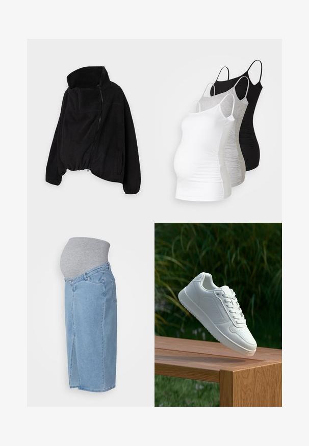 Jachetă neagră din fleece cu guler înalt, fermoar frontal și margine elastică. Prezintă un buzunar pe piept și buzunare laterale. Material moale, texturat.; Trei topuri de maternitate fără mâneci, în alb, gri și negru. Material elastic cu bretele subtiri ajustabile și cusături laterale pliate pentru confort.; Blugi de maternitate de culoare albastru deschis, cu un talie elastică gri. Au un croi drept, buzunare frontale și o fante la tivul din față.; Sneaker alb cu un upper sintetic neted, cu vârf perforat, șireturi plate și o talpă texturată, expus pe o suprafață de lemn.
