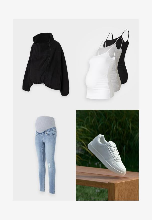 Čierna fleecová bunda s vysokým golierom, so zipsom na prednej strane a elastickým spodným lemom. Má náprsné vrecko a bočné vrecká. Mäkka, štruktúrovaná tkanina.; Tričko s dlhým rukávom pre tehotné ženy v bielej, šedej a čiernej farbe. Elastický materiál s nastaviteľnými ramienkami a zberanými bočnými švami pre pohodlie.; Tehotenské úzke džínsy v svetlom modrom denimovom prevedení s jemným šedým elastickým pásom, so zničenými akcentmi a zúženým strihom.; Biele tenisky s hladkým syntetickým zvrškom, perforovanou špičkou, plochými šnúrkami a textúrovanou podrážkou, vystavené na drevenej ploche.