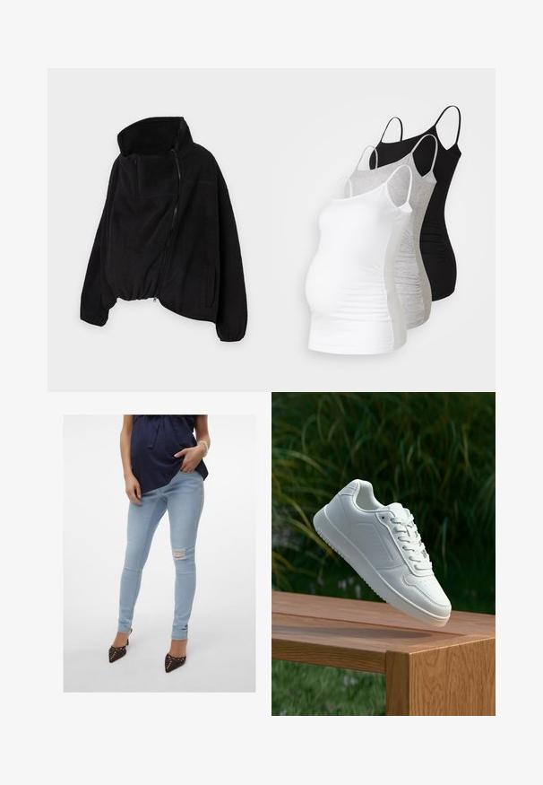 Fekete fleece dzseki magas gallérral, cipzáros elejével és rugalmas aljával. Tartalmaz egy melltáskát és oldalsó zsebeket. Puha, texturált anyag.; Három kismama tank top fehér, szürke és fekete színben. Rugalmas anyag, állítható pántokkal és beszegett oldals seams, hogy kényelmes viseletet biztosítson.; Világoskék, skinny szabású farmernadrág, lyukas térddel, rugalmas anyagból, közepes derekú és bokáig érő; barna, hegyes orrú magassarkúval párosítva.; Fehér sportcipő sima szintetikus felsőrésszel, perforált lábujjrész, lapos fűzőkkel és texturált talppal, fából készült felületen kihelyezve.