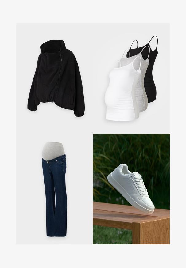 Casaco de fleece preto com colarinho alto, fecho zip e parte inferior elástica. Apresenta um bolso no peito e bolsos laterais. Tecido suave e texturizado.; Três tops de maternidade sem mangas em branco, cinza e preto. Tecido elástico com alças ajustáveis e costuras laterais franzidas para maior conforto.; Jeans de maternidade feitos de denim azul escuro, com um painel de barriga elástico cinza, design de perna reta e bolsos frontais com detalhes metálicos.; Sapatilha branca com um cabedal sintético liso, caixa dos dedos perfurada, atacadores planos e uma sola texturizada, exposta sobre uma superfície de madeira.