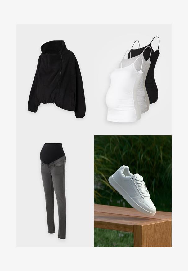 Zwarte fleecejas met een hoge kraag, ritssluiting aan de voorkant en elastische zoom. Beschikt over een borstzak en zijzakken. Zacht, gestructureerd materiaal.; Drie zwangerschaps tanktops in het wit, grijs en zwart. Rekbare stof met verstelbare spaghettibandjes en geplooide naden aan de zijkanten voor extra comfort.; Zwangerschapsjeans met een zwarte elastische tailleband, grijs denim lichaam, slim-fit ontwerp en zakken. Kenmerkt zich door een gladde textuur en strakke lijnen.; Witte sneaker met een gladde synthetische bovenkant, geperforeerde neus, platte veters en een gestructureerde zool, tentoongesteld op een houten oppervlak.