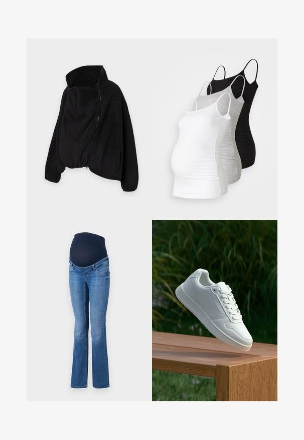 Zwarte fleecejas met een hoge kraag, ritssluiting aan de voorkant en elastische zoom. Beschikt over een borstzak en zijzakken. Zacht, gestructureerd materiaal.; Drie zwangerschaps tanktops in het wit, grijs en zwart. Rekbare stof met verstelbare spaghettibandjes en geplooide naden aan de zijkanten voor extra comfort.; Zwangerschapsjeans met een donkerblauwe zachte stofband en lichtblauwe denim, met een uitlopende pijpdesign en vijf zakken.; Witte sneaker met een gladde synthetische bovenkant, geperforeerde neus, platte veters en een gestructureerde zool, tentoongesteld op een houten oppervlak.