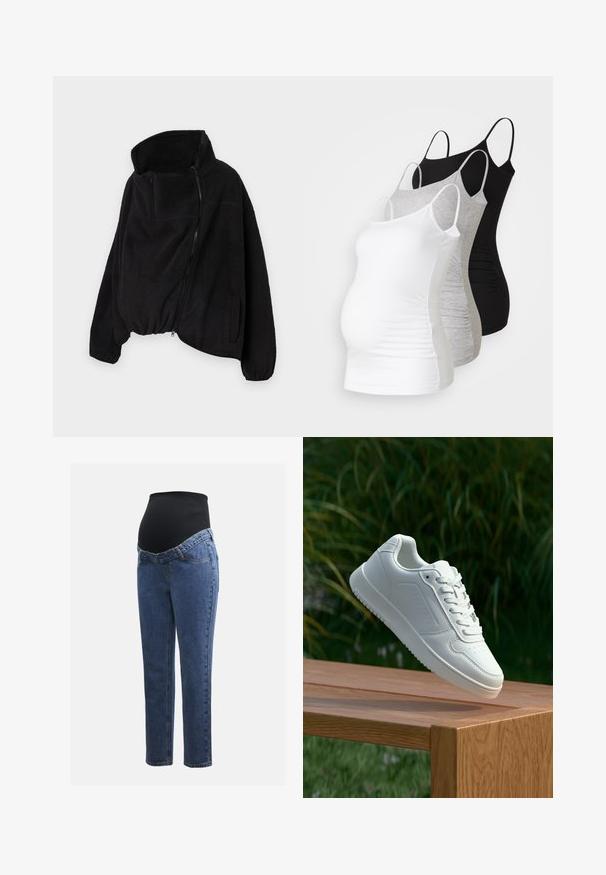 Svart fleecejakke med høy krage, glidelås foran og elastisk nederkant. Har brystlomme og sidelommer. Myk, strukturert stoff.; Tre ammetoppe til gravide i hvit, grå og svart. Elastisk stoff med justerbare spaghetti-stropper og samlede sidesømmer for komfort.; Graviditetsjeans med ben i blå denim og et svart elastisk magepanel designet for å støtte og dekke en voksende buk.; Hvite sneakers med en glatt syntetisk overdel, perforert tåboks, flate snørebånd og en teksturert såle, vist på en treflate.
