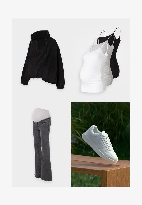 Must lähedane fliisjakk kõrge kaelusega, lukuga ees ja elastse äärisega. Omab rinnataskut ja küljetaskuid. Pehme, tekstuuriga kangas.; Kolm emme tank topi valges, hallis ja mustas värvitoonis. Veniv kangas, reguleeritavad õhuke rihmad ja mugavuse tagavad volditud külgseemed.; Rasedusjeansid, millel on sobiv hall veniv vöökoht, laienevad jalad ja tumehall denimviimistlus, standardne õmblus ja taskud.; Valged sneakerd, millel on sile sünteetiline ülemine osa, väikeste aukudega varvaskast, lamedad paelad ja tekstuuriga tald, eksponeeritud puidust pinnal.